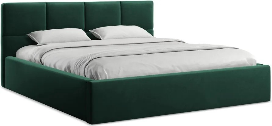 Pat matrimonial verde închis tapițat din catifea cu spațiu de depozitare cu somieră 140x200 cm Hiko – Makamii