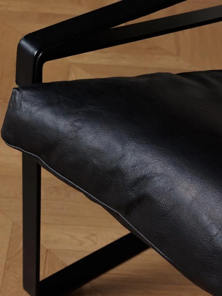 Fotoliu lounge din piele naturală neagră cu structură metalică, „Gabor”