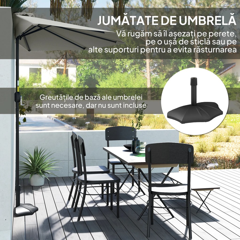 Outsunny Umbrela Semicirculara de Perete pentru Gradina cu Deschidere cu Manivela din Poliester, Gri 269x138x236cm | Aosom Romania
