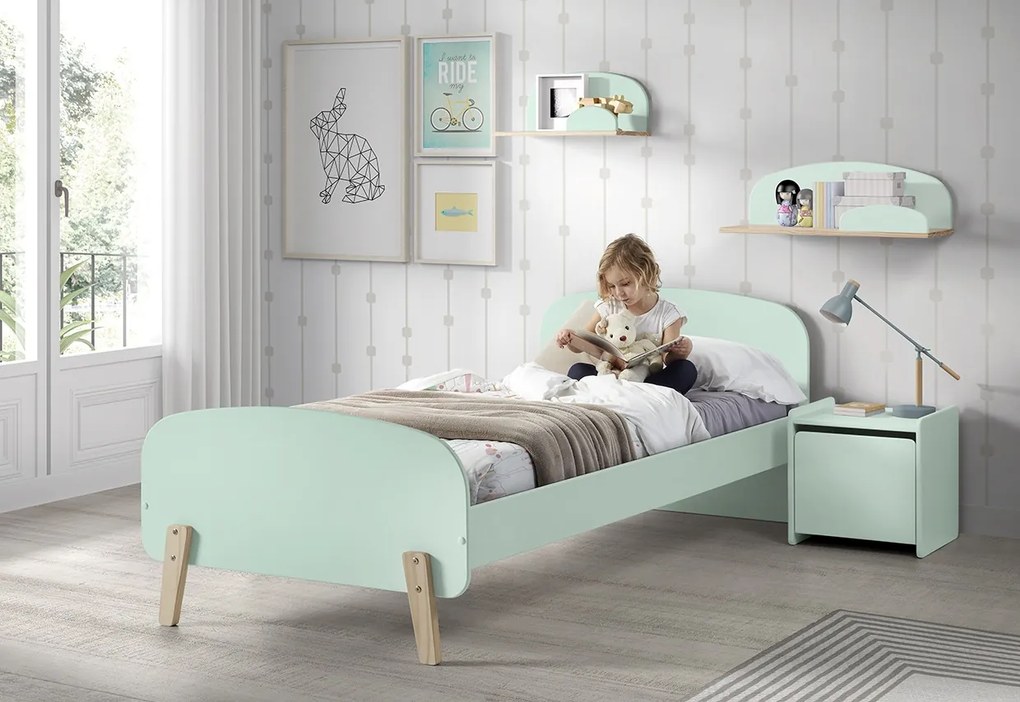 Set KIDDY în verde mentă format dintr-un Pat copii (90x200), noptieră și 2 rafturi de perete (45 și 65 cm).