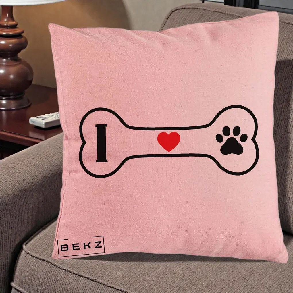 Perna Personalizata I Love Dog Os si Labuta, 40x40 cm, Roz, Husa Detasabila, Perna Inclusa, BEKZ®