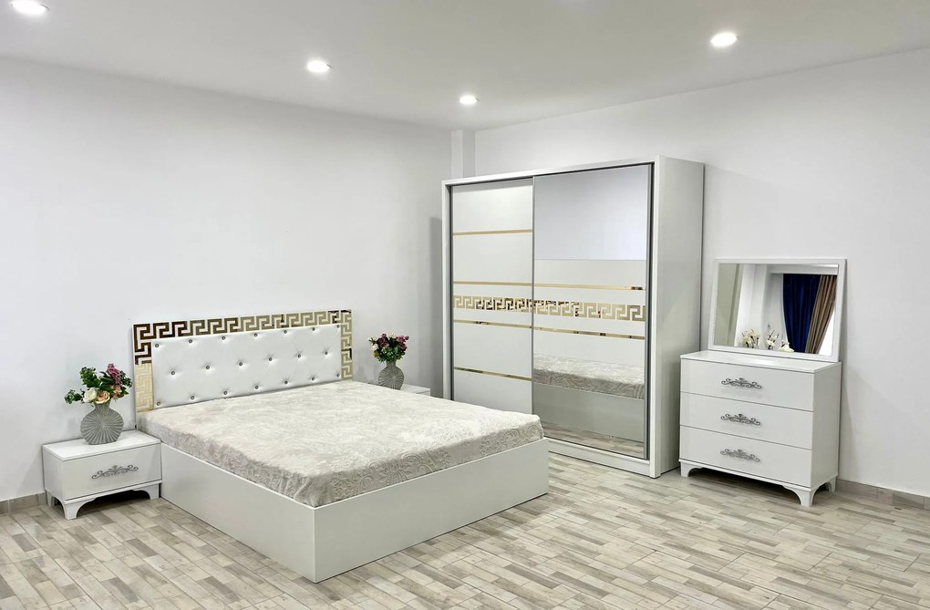 Dormitor Palermo, culoare alb, cu pat tapitat 160 x 200 cm, dulap cu 2 usi, comoda cu oglinda, 2 noptiere