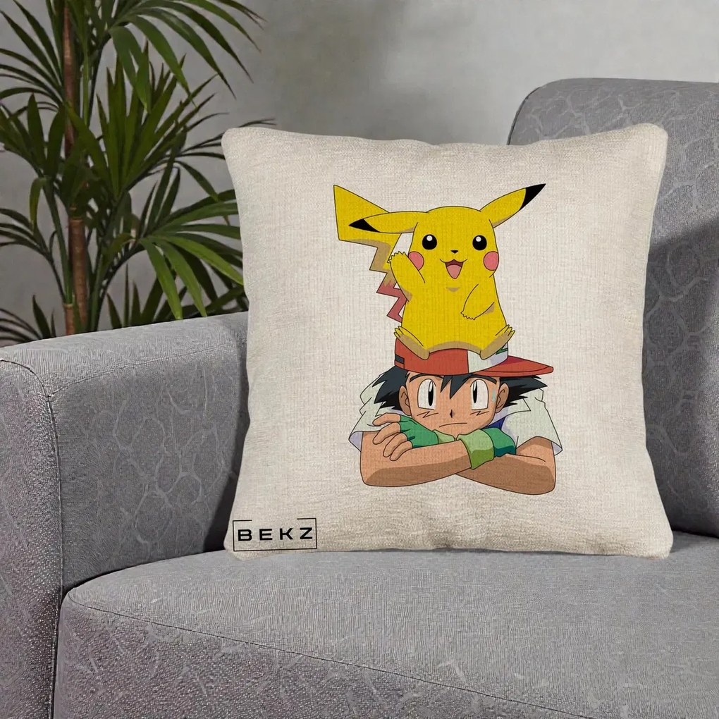 Perna Personalizata Ash si Pikachu, 40x40 cm, Bej Canapea, Husa Detasabila, Perna Inclusa, BEKZ®