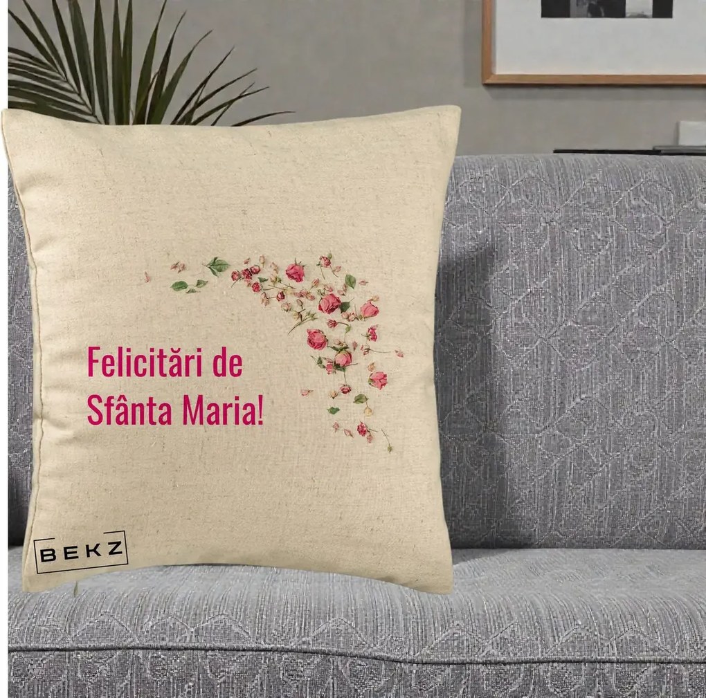 Cadou de Onomastica - Perna Personalizata Felicitari de Sfanta Maria, 40x40 cm, Bej, Husa Detasabila, Perna Inclusa, BEKZ®