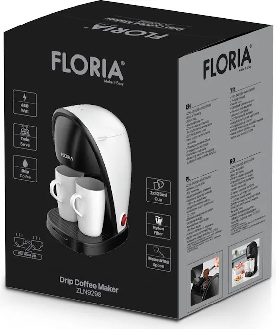 Aparat de facut cafea Floria ZLN9298, filtru de nailon, cupa pentru masurat, 2 cesti incluse, Alb