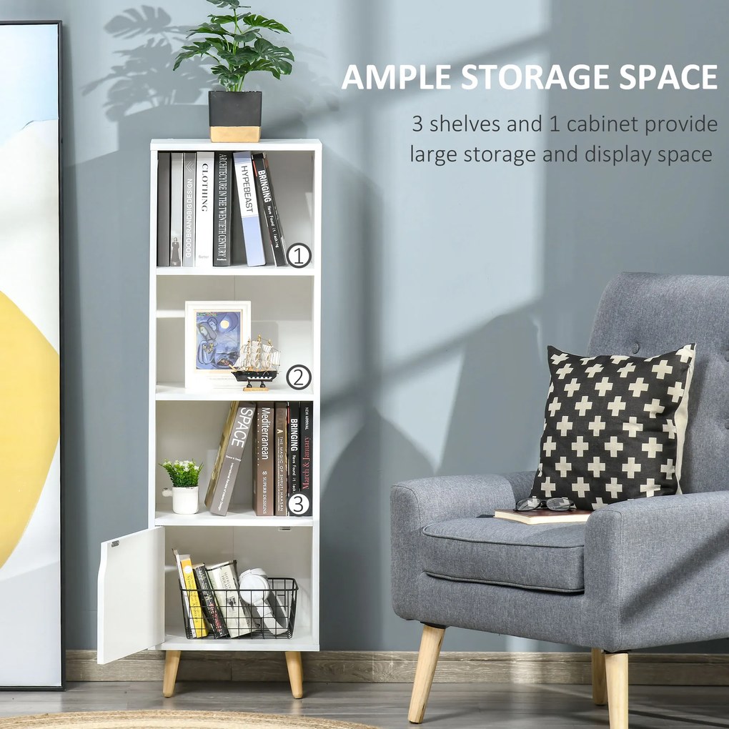 HOMCOM Biblioteca cu Rafturi pentru casa cu 3 Etajere si 1 Dulapior, Raft biblioteca din Lemn,40x30x129,5cm, Alb | Aosom Romania