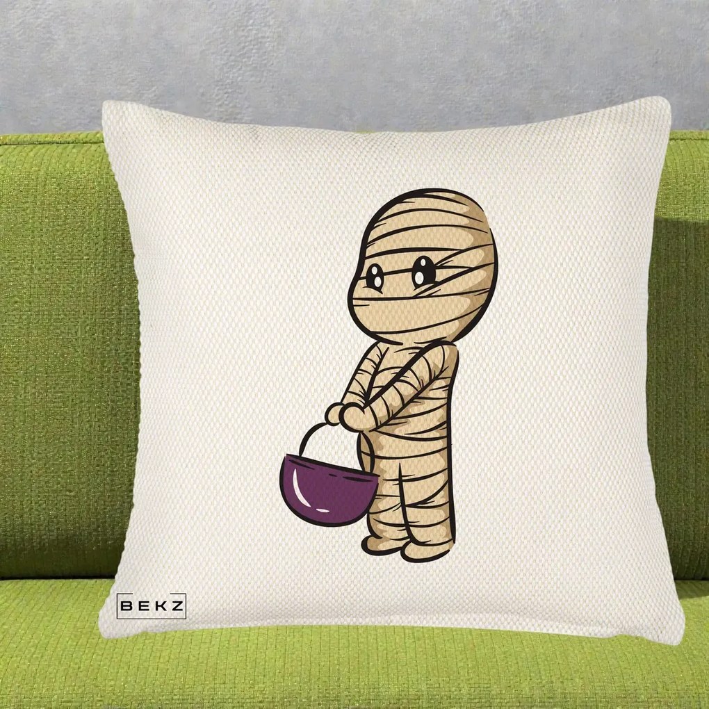 Perna Decorativa Halloween Mummy Kawaii cu Cos, 40x40 cm, Crem Reliefat, Husa Detasabila, Perna Inclusa, BEKZ®