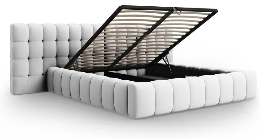 Pat matrimonial gri deschis tapițat cu spațiu de depozitare cu somieră 180x200 cm Mamaia – Micadoni Home