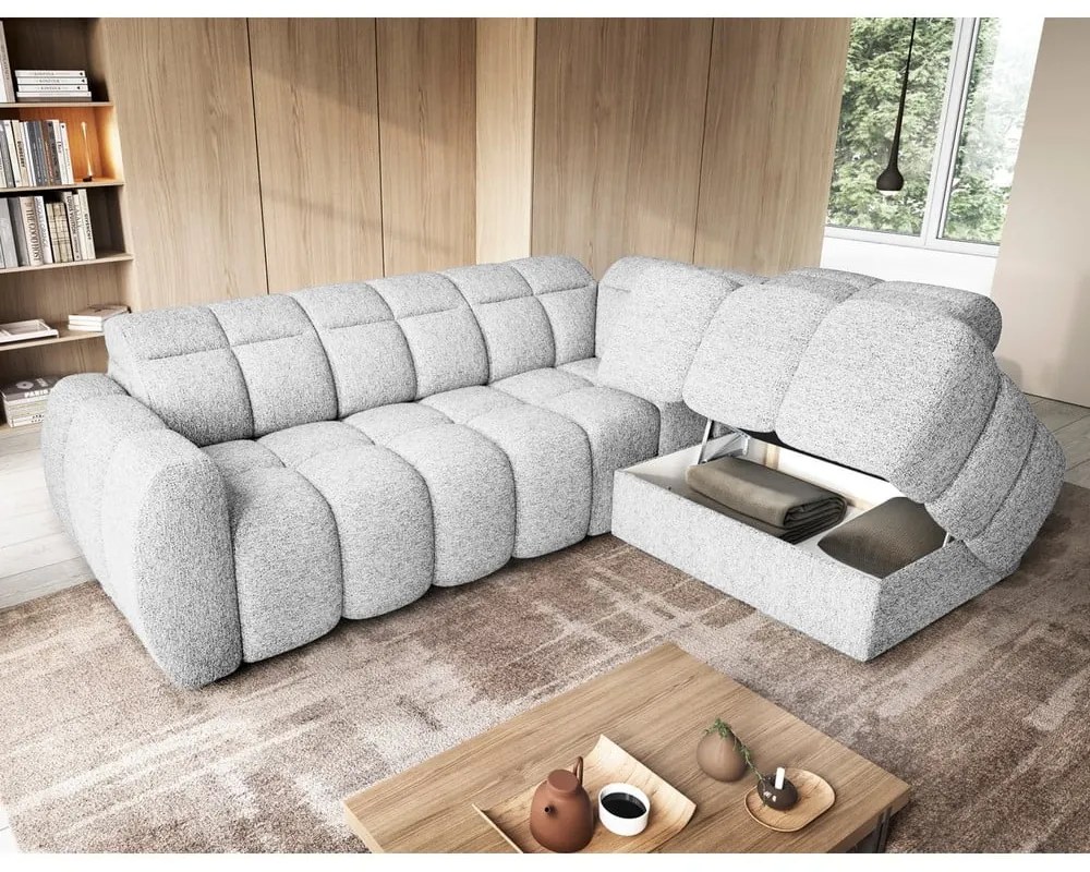 Colțar gri deschis extensibil/cu spațiu de depozitare cu tapițerie din țesătură bouclé (cu colț pe partea dreaptă/în formă de ”L”) Falconn – ELTAP