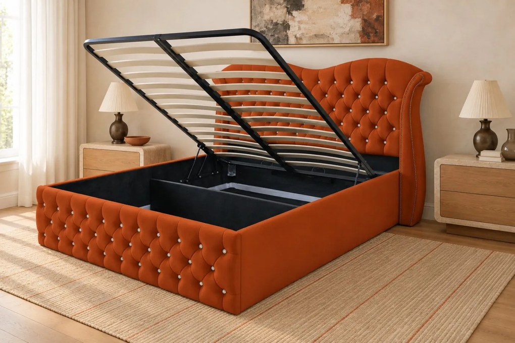 Pat tapițat Chesterfield Avella 140×200 cm, cărămiziu, cu ladă de depozitare