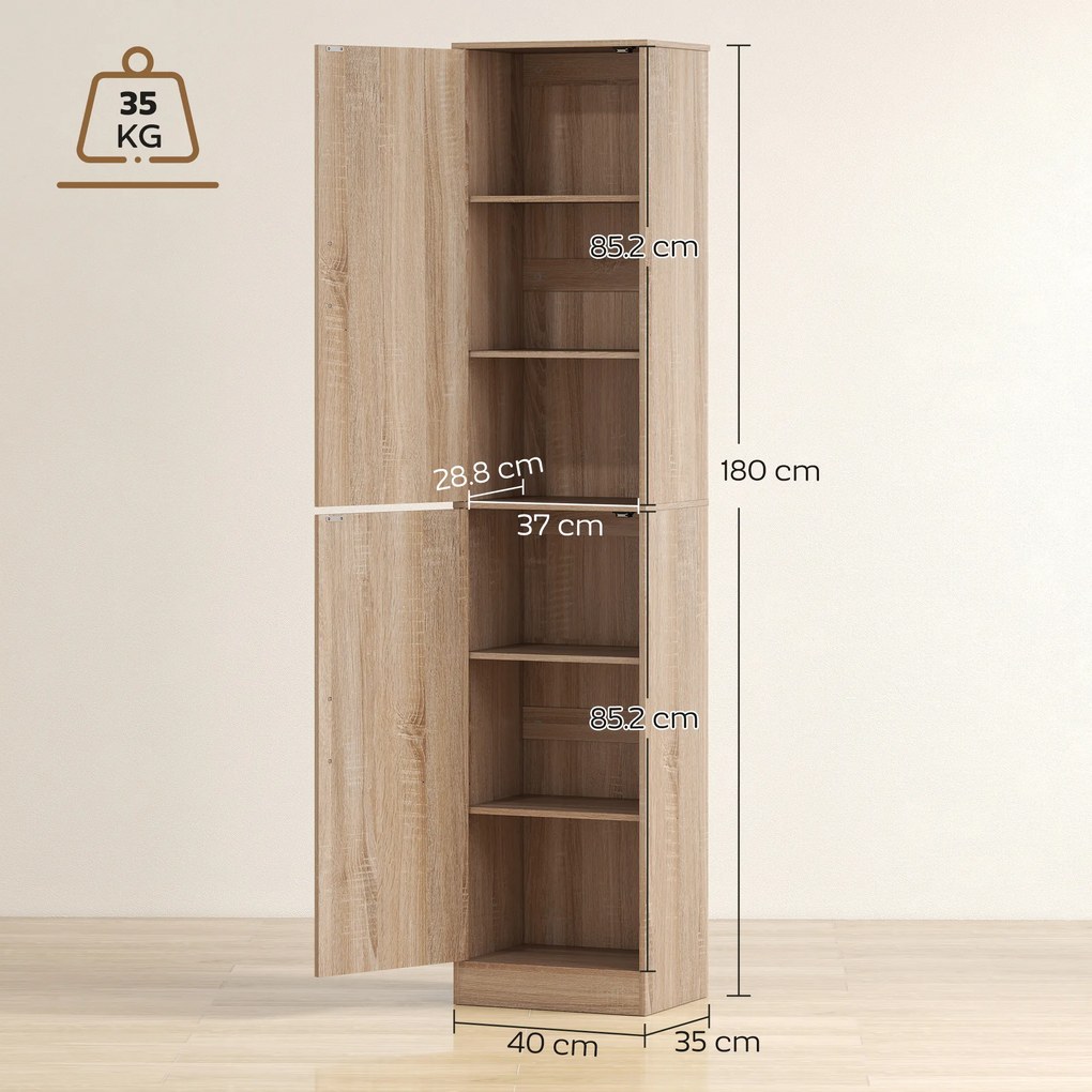 HOMCOM Dulap coloană pentru baie cu 2 compartimente și 6 rafturi reglabile, aspect lemn, 40x35x180 cm, culoare lemn | Aosom Romania