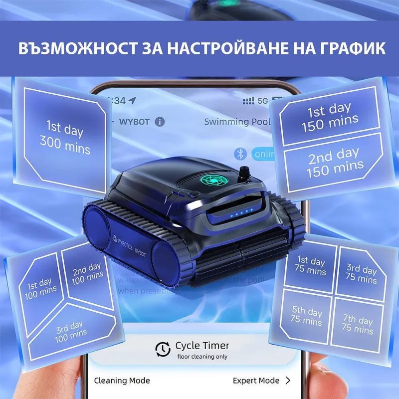 Robot fara fir pentru piscine Wybot M1, 120 W, 300 min, 400 m², Filtrare dubla, 2 randuri de perii, Planificare a traseului, Giroscop, Negru