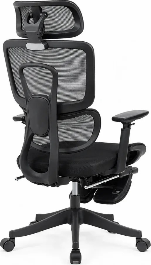 Scaun Ergonomic Premium cu Suport pentru Picioare, Reclinare 145°, Tetieră Reglabilă, Cotiere 3D, Suport Lombar Elastic și Șezut cu adâncime reglabilă, Negru