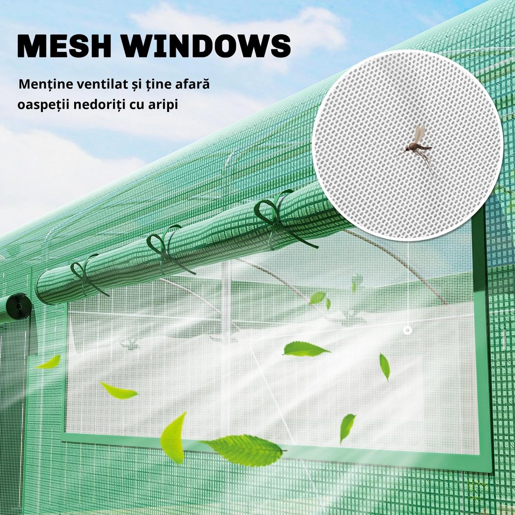 Outsunny Seră tip tunel 6x3x2 m cu 3 uși derulante 6 ferestre cu plasă și structură din oțel galvanizat Verde | Aosom Romania