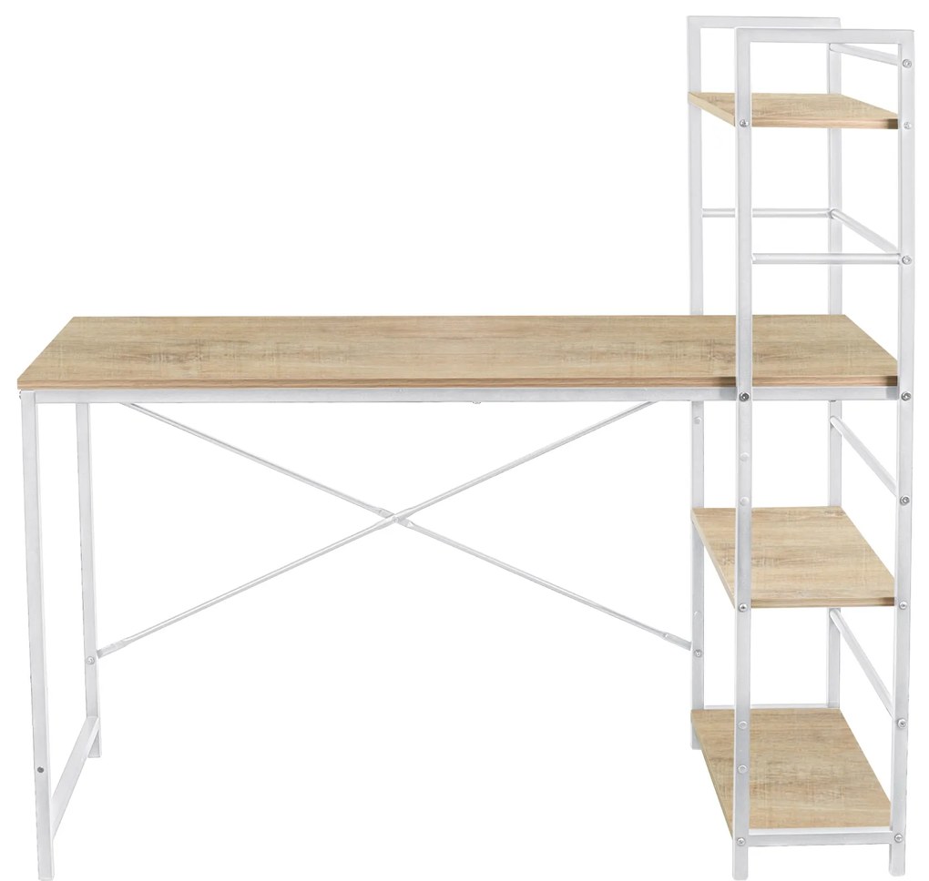 Birou calculator, Jumi, pal melaminat, otel, 3 rafturi, natur si alb, 120x52x120 cm