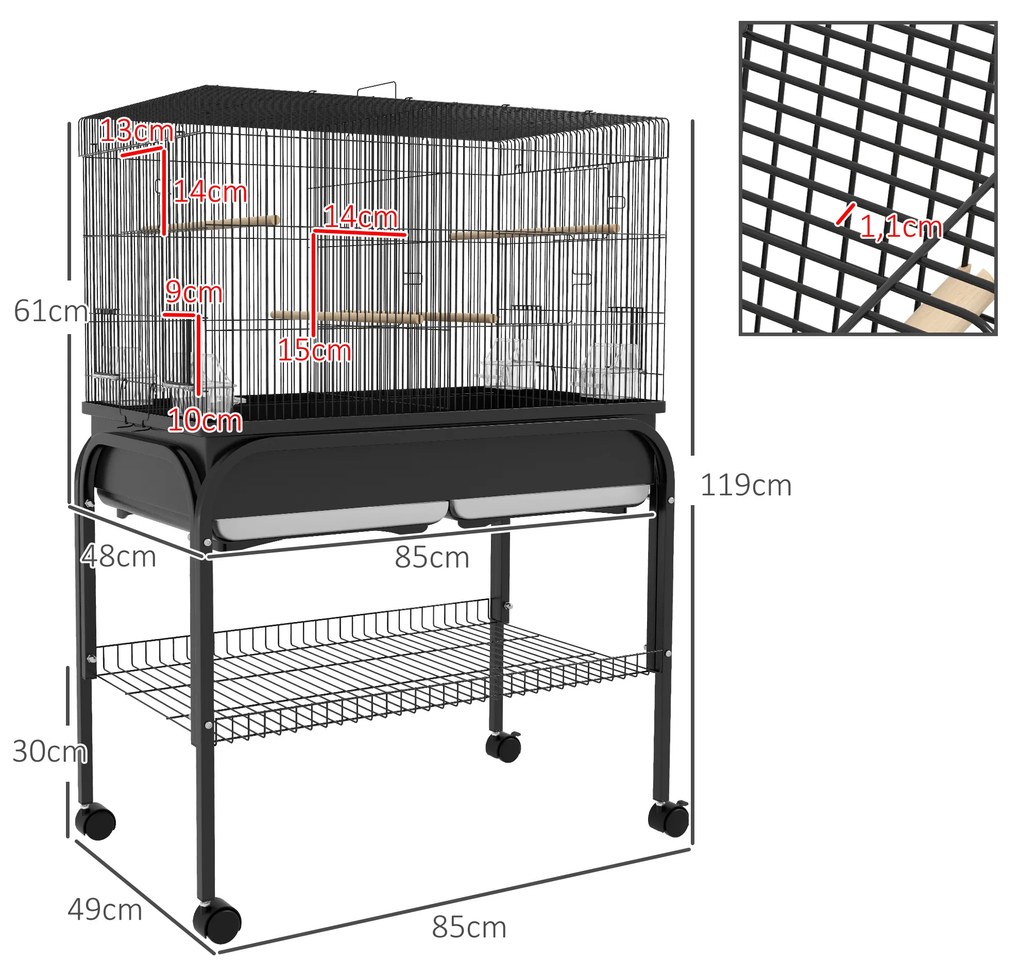 PawHut Cușcă păsări cușcă papagal cu suport roți pentru cacatua papagal canari papagal 85 x 49 x 119 cm negru | Aosom Romania