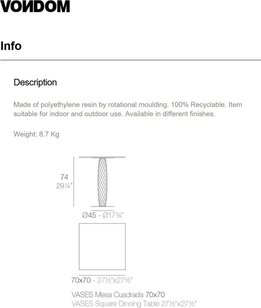 Masa de exterior / interior design modern premium VASES 70x70cm
