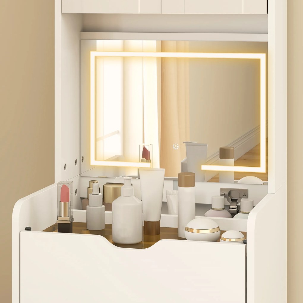 HOMCOM Stație de Machiaj cu Lumini LED în 3 Culori, Oglindă Rabatabilă, Scaun Ascuns, Măsuță de Machiaj cu Scaun Îmbunătățit, 3 Sertare, Compartiment, Dulap cu Uși din Sticlă, Modern, Alb | Aosom Romania