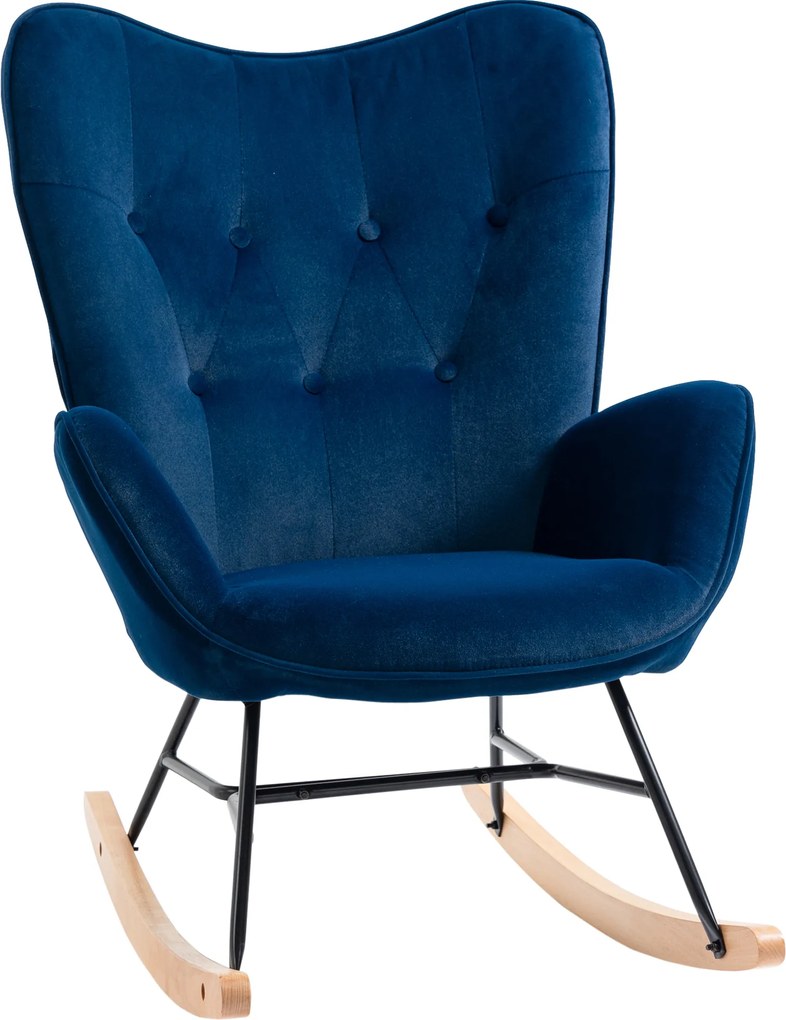 HOMCOM Fotoliu balansoar, rocking chair, fotoliu pentru alăptare confortabil cu structură din lemn masiv și metal pentru Living, Dormitor, Balcon, Catifea albastră | Aosom Romania