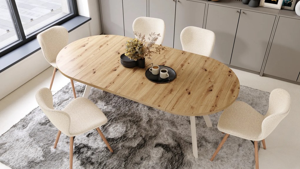 Mazzoni ALDO Stejar Artisan/picioare bej - MASĂ ROTUNDĂ STIL LOFT PENTRU SALON/SUFRAGERIE EXTENSIBILĂ CU PICIOARE ÎN FORMĂ DE "Y"
