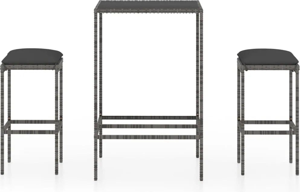 vidaXL Set mobilier bar de grădină, cu perne, 3 piese, gri, poliratan