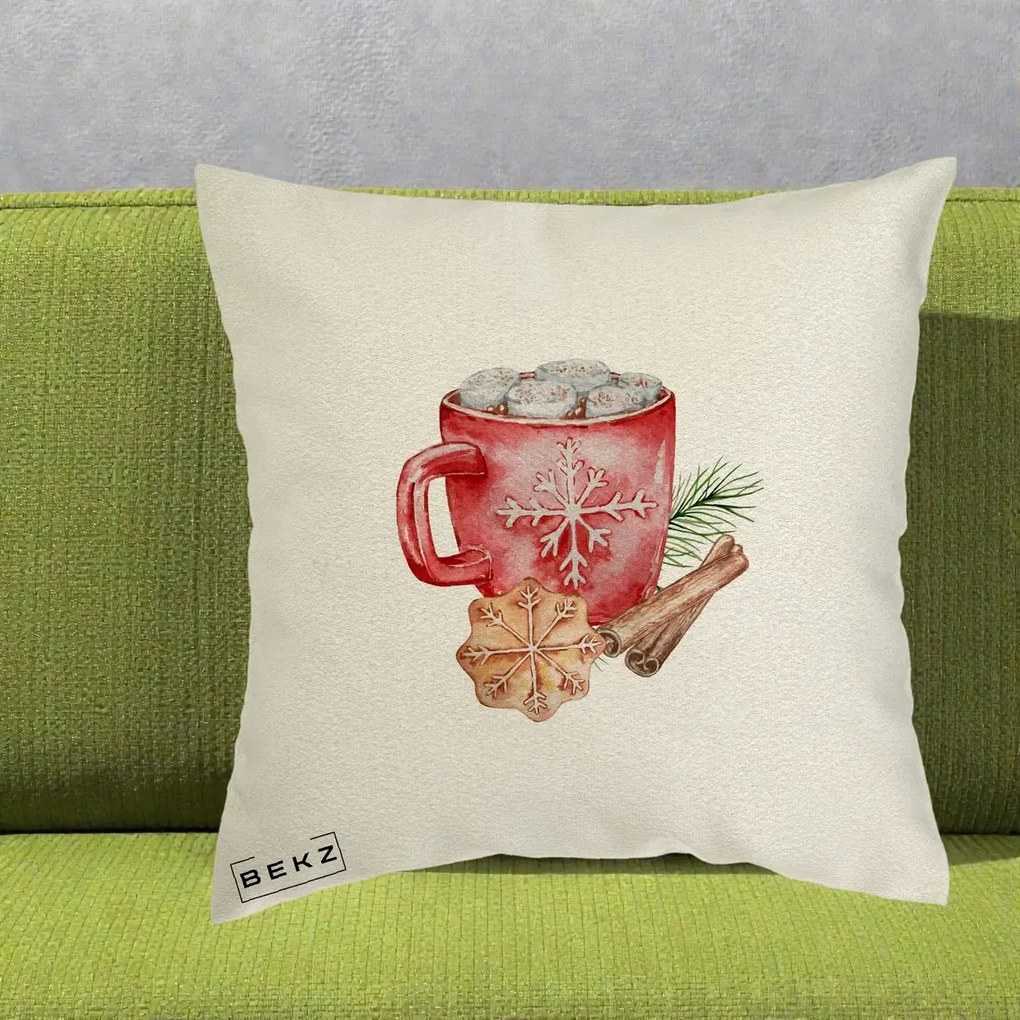 Perna Decorativa Cacao de Iarna cu Biscuit, 40x40 cm, Ecru, Husa Detasabila, Perna Inclusa, BEKZ®