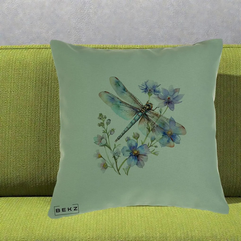 Perna Decorativa Libelula Acuarela Flori Albastre, 40x40 cm, Verde, Husa Detasabila, Perna Inclusa, BEKZ®