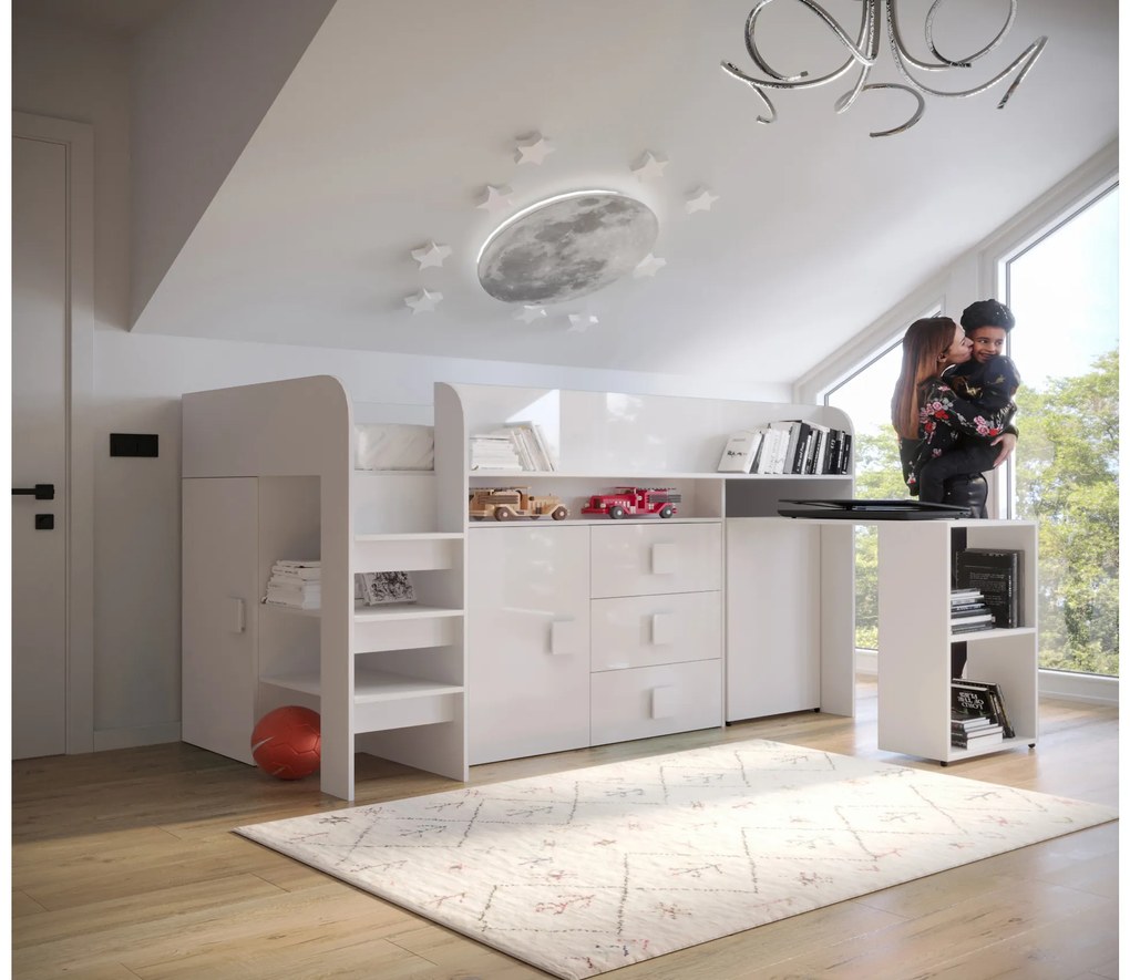 Pat multifuncțional 90 cm Toreno 1 (Alb + alb lucios + mânere alb lucios). 1083307
