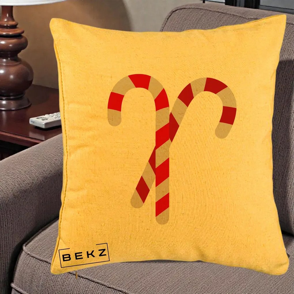 Perna Decorativa Candy Cane de Craciun, 40x40 cm, Galben, Husa Detasabila, Perna Inclusa, BEKZ®
