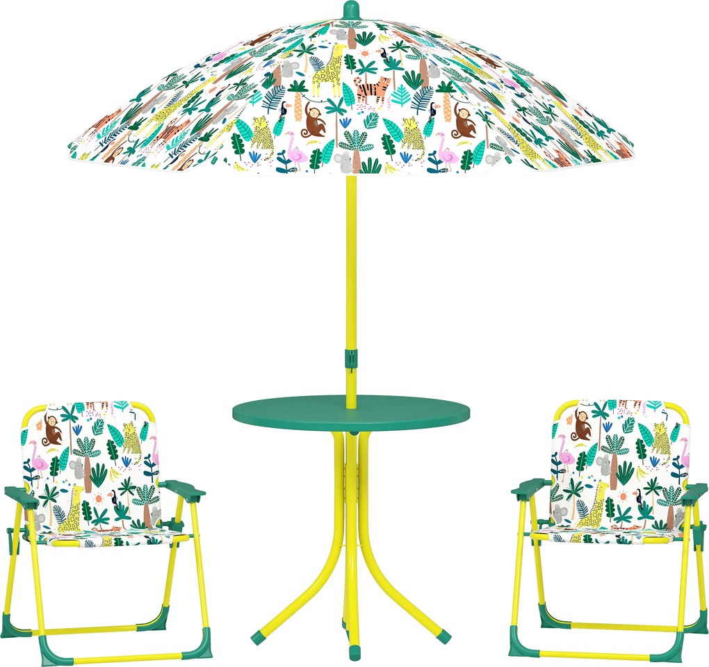 AIYAPLAY Masă de Picnic pentru Copii, Set Masă și Două Scaune Pliabile cu Umbrelă Demontabilă, Tematică Jungle, Mobilier de Exterior pentru Grădină, Terasă, Verde | Aosom Romania