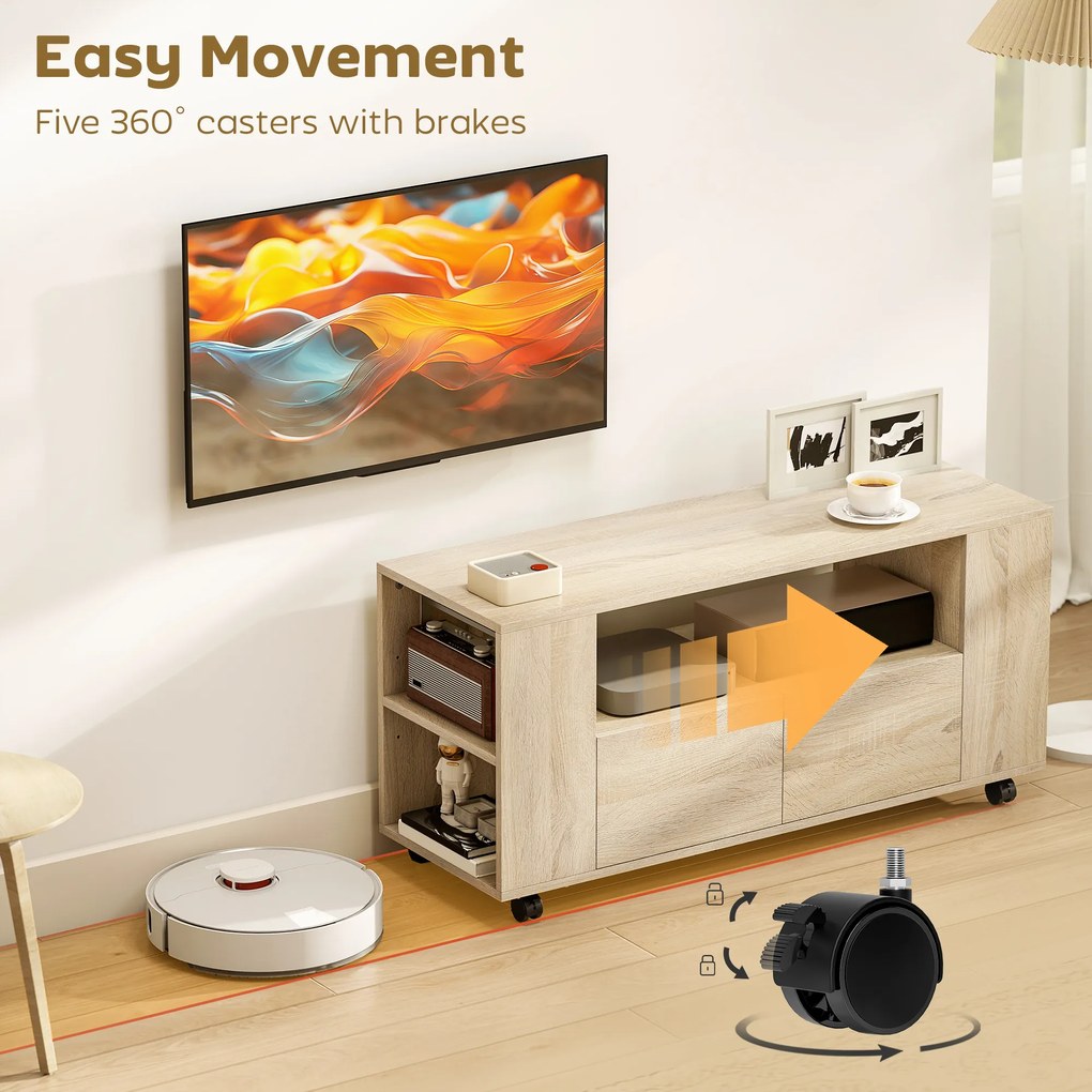 HOMCOM Suport pentru TV de 42" cu Roți Pivotante și Frână, Rafturi Ajustabile și Sertare, 102x34.5x48.5 cm, Lemn | Aosom Romania