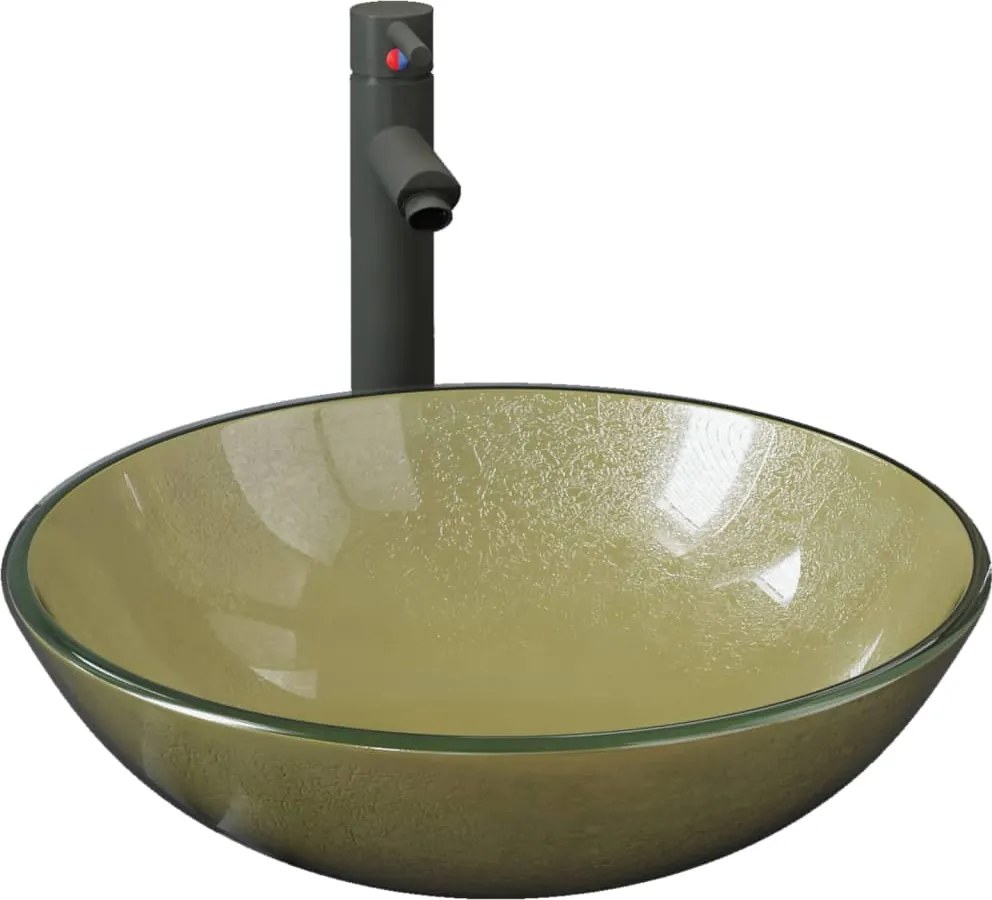 vidaXL Chiuvetă baie cu robinet și scurgere tip push, sticlă aurie