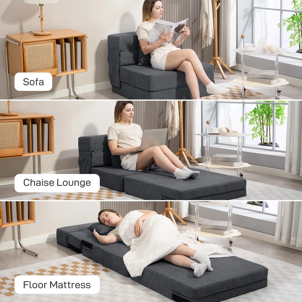 HOMCOM Fotoliu Pat Single Pliabil Modern, Fotoliu de Podea Compact Convertibil în Șezlong și Saltea, Pat pentru Living, Cameră de zi și Birou, 80x80x64 cm, Gri Închis | Aosom Romania