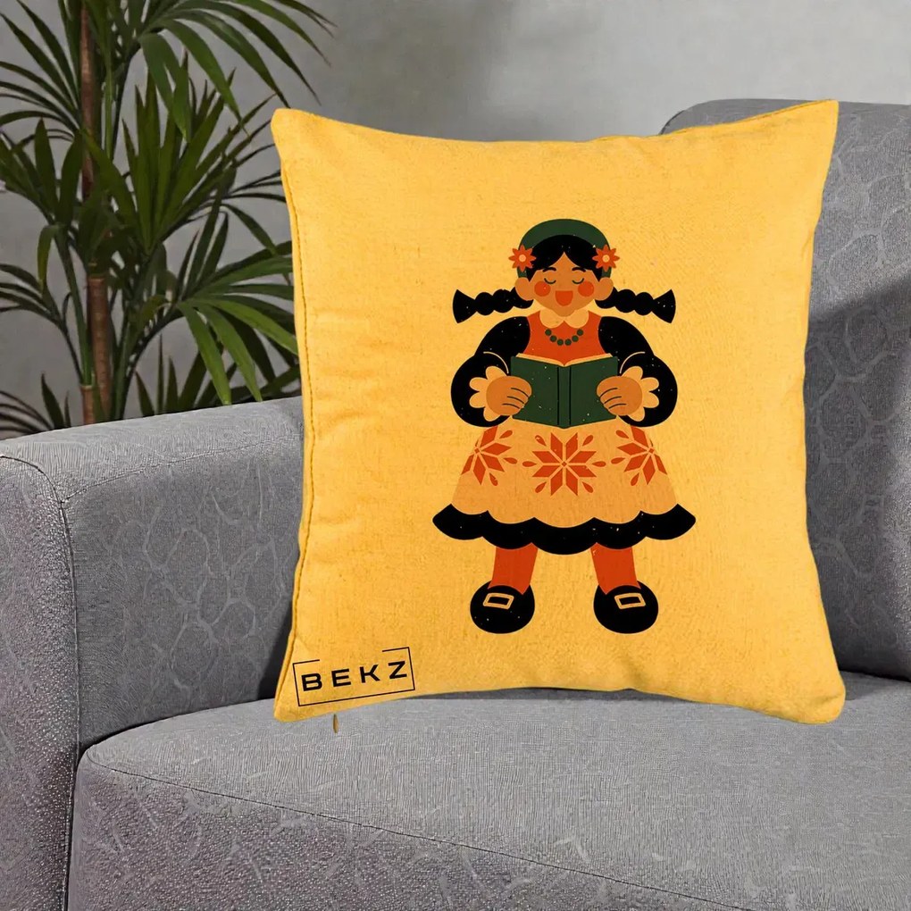 Perna Personalizata Fetita cu Carte Ilustratie Folk, 40x40 cm, Galben, Husa Detasabila, Perna Inclusa, BEKZ®