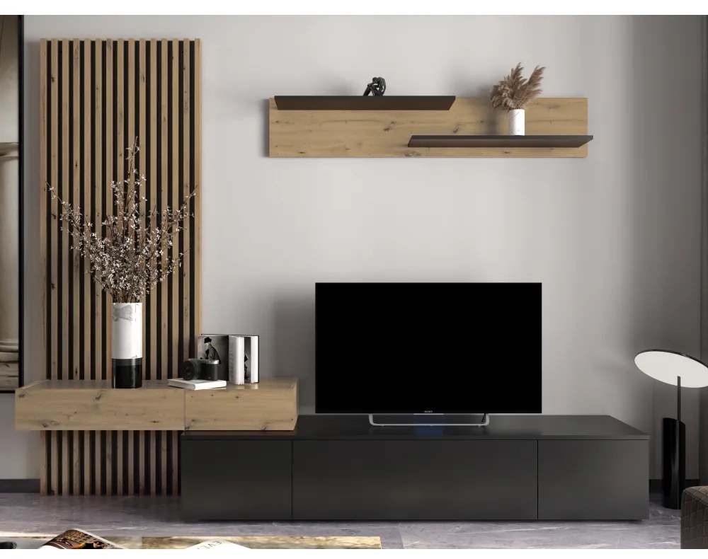 Mobila living, negru stejar Artisan, cu riflaj ,modern , mobilier sufragerie , rafturi , comoda tv