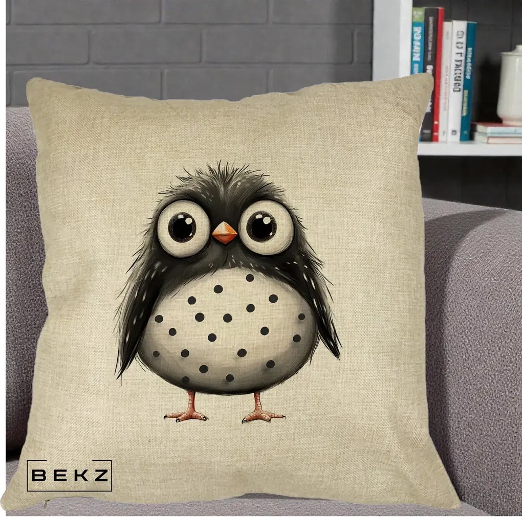 Perna Decorativa Bufnita Neagra cu Buline Albe, 40x40 cm, Crem, Husa Detasabila, Perna Inclusa, BEKZ®