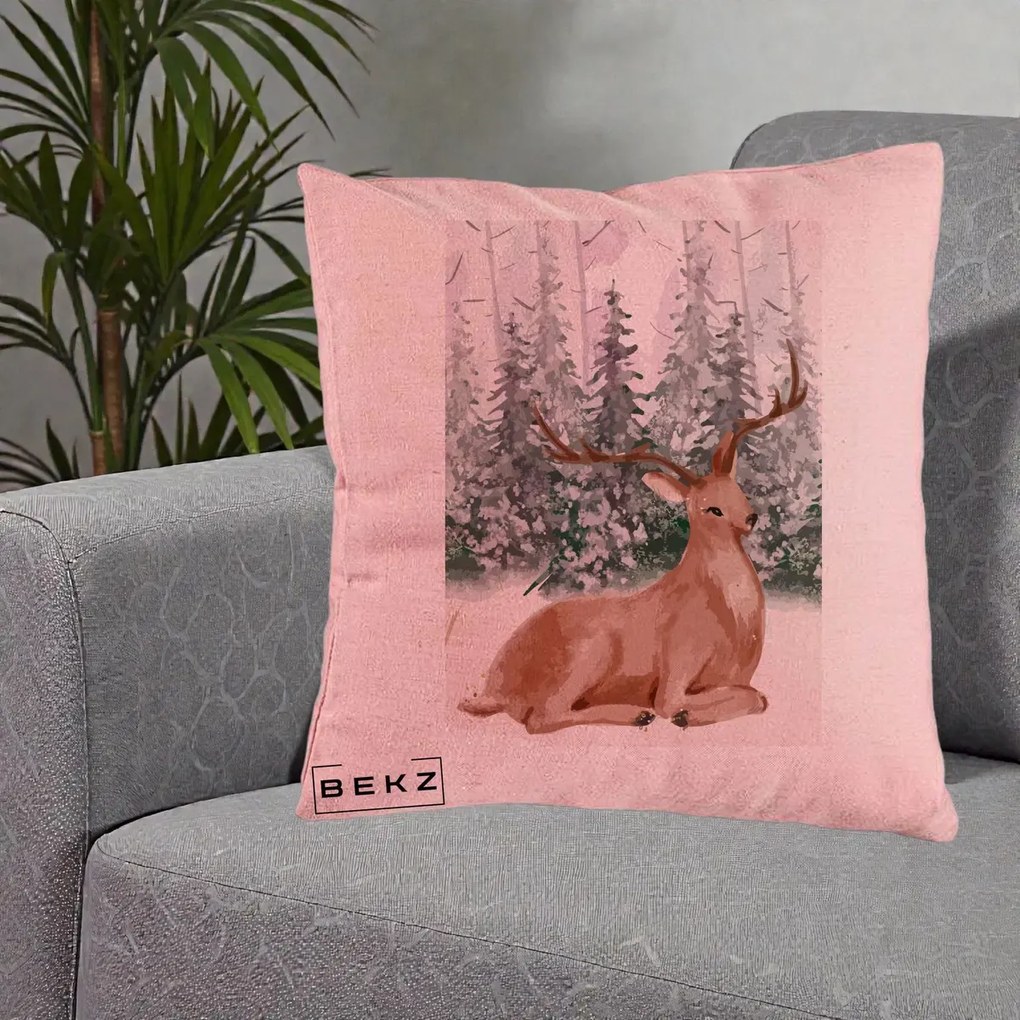Perna Decorativa Ren in Padure Roz Moale, 40x40 cm, Roz, Husa Detasabila, Perna Inclusa, BEKZ®