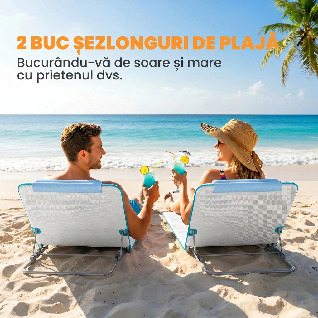 Outsunny Set 2 Șezlonguri de Plajă Pliabile cu Tetieră, Spătar Reglabil și Husă pentru Transport, 134x48x33-43 cm, Bej | Aosom Romania