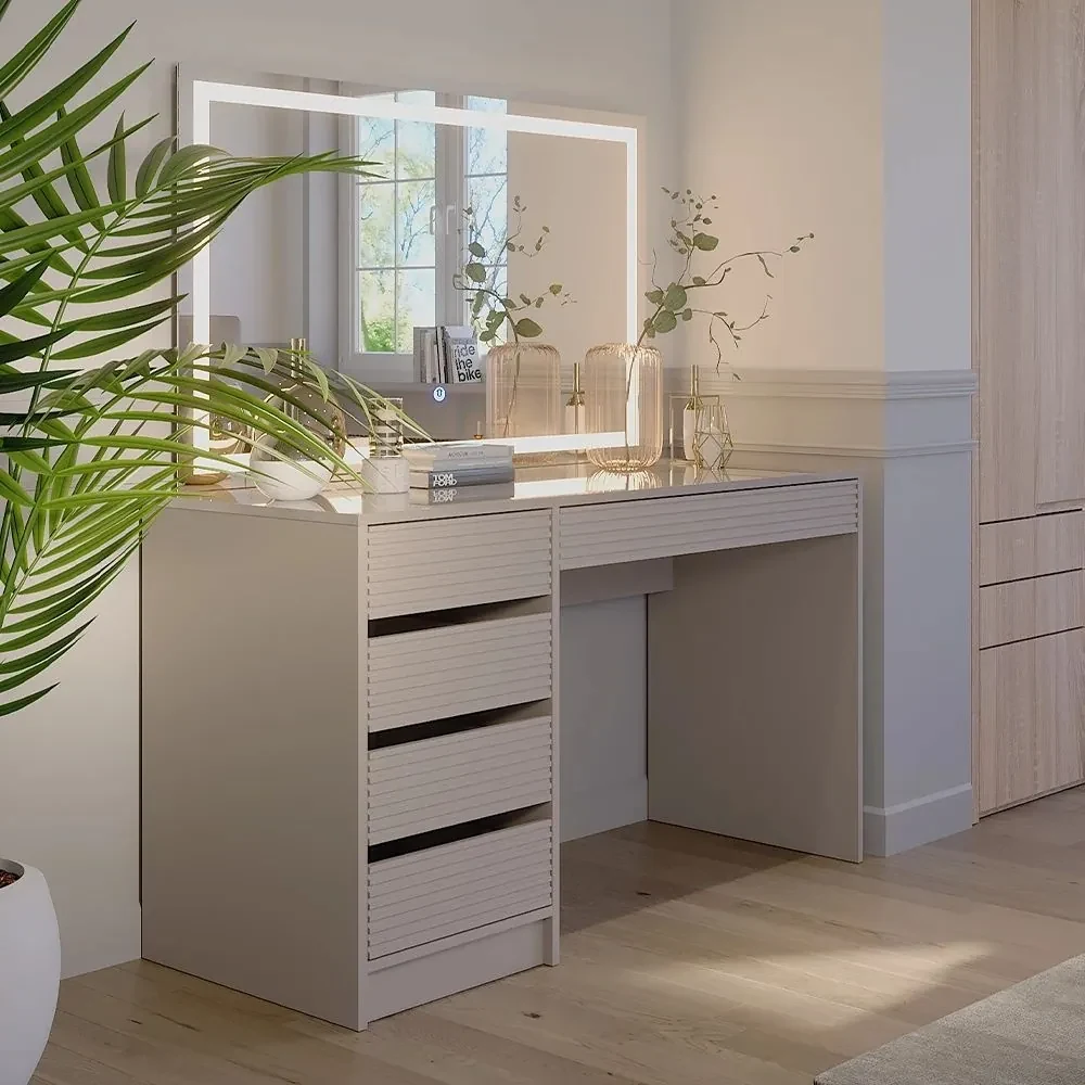SEC214 - Set Masa toaleta, 120 cm, cosmetica, masuta machiaj, oglinda cu LED, cu sau fara scaun tapitat - Crem