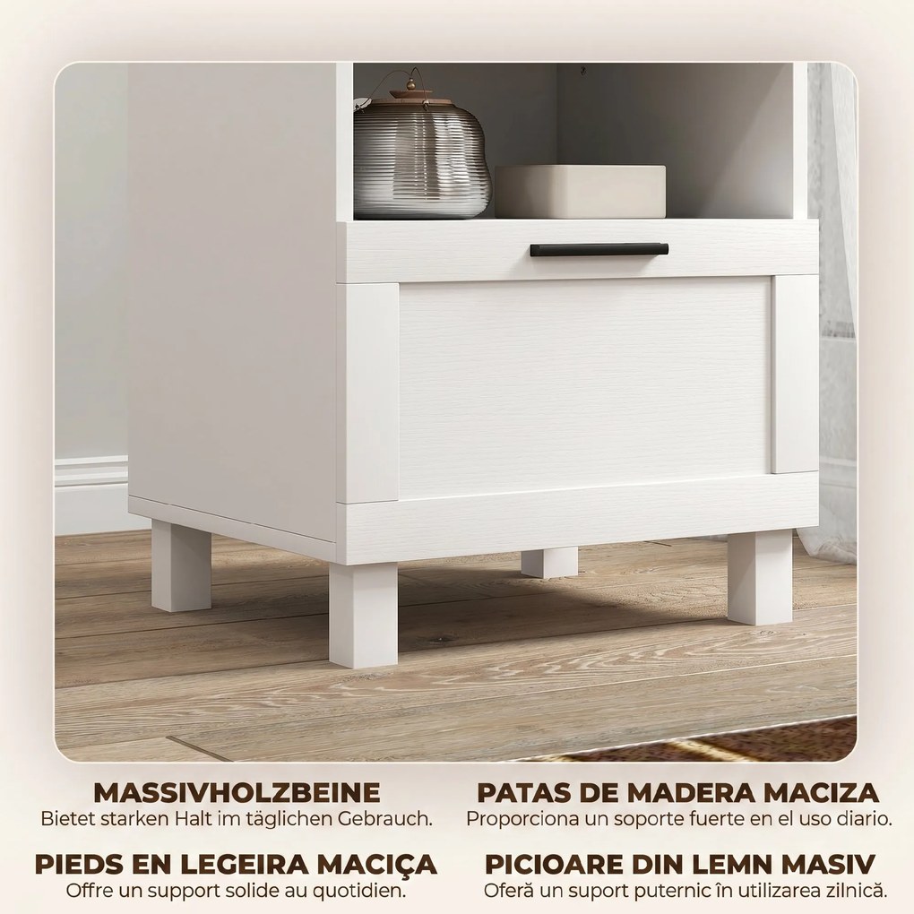 HOMCOM Noptieră Dormitor cu Sertar și Raft Deschis, Noptieră Modernă Compactă cu Picioare din Lemn de Pin, 45x38x50 cm, Alb | Aosom Romania