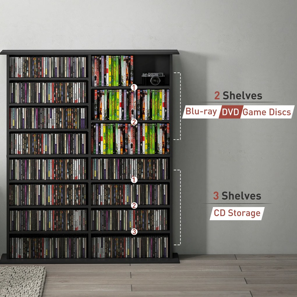 HOMCOM Mobilier Bibliotecă cu 16 Rafturi pentru 720 CD-uri din Lemn 106.5x24x123.7 cm Negru | Aosom Romania