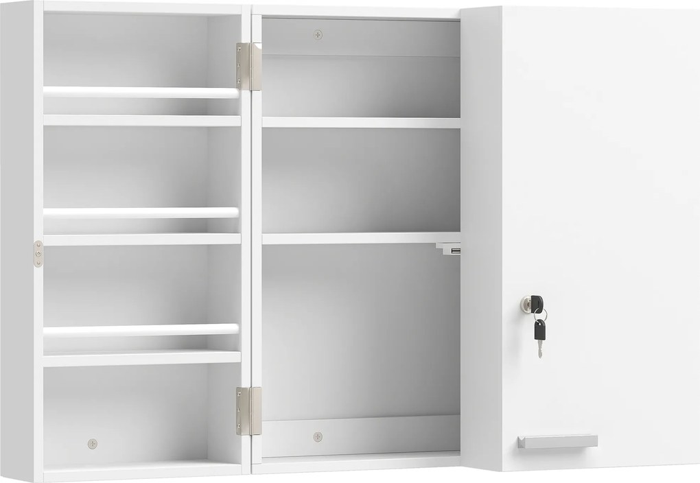 HOMCOM Dulap Medicamente de Perete cu Cheie, 3 Rafturi Interne și 8 Suporturi pentru Sticle, Dulap din MDF și Metal, pentru Bucătărie, Hol, Living, 53x20x53 cm, Alb | Aosom Romania