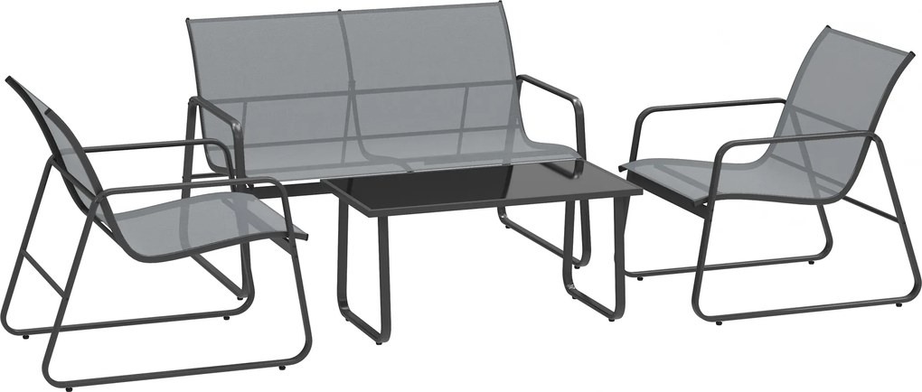Outsunny Set Mobilier de Grădină din 4 Piese, cu Bancă de Exterior cu 2 Locuri, 2 Scaune și Măsuță de Cafea cu Blat din Sticlă Securizată, Set Mobilier de Exterior din Metal și Textilenă, Gri Deschis | Aosom Romania