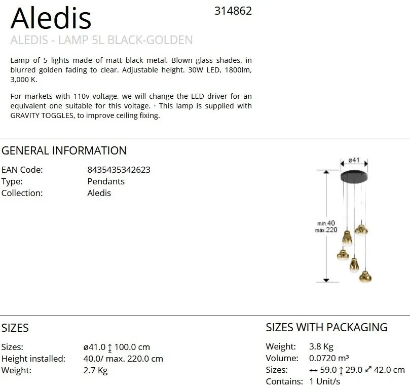 Lustra cu 5 pendule LED design modern Aledis negru/ auriu