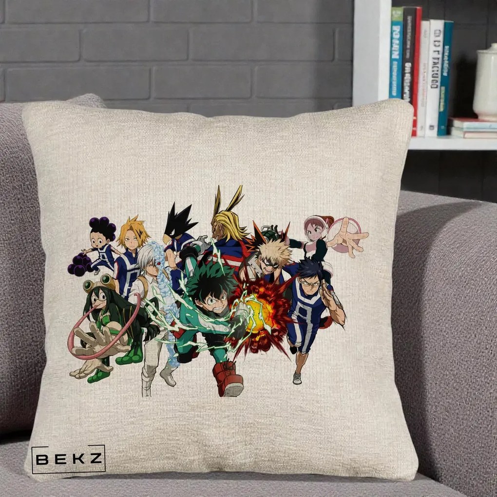 Perna Personalizata My Hero Academia Clasa 1-A Complet, 40x40 cm, Bej Canapea, Husa Detasabila, Perna Inclusa, BEKZ®