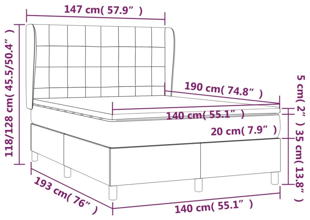 Pat box spring cu saltea, albastru inchis, 140x190 cm, catifea Albastru inchis, 140 x 190 cm, Cu blocuri patrate