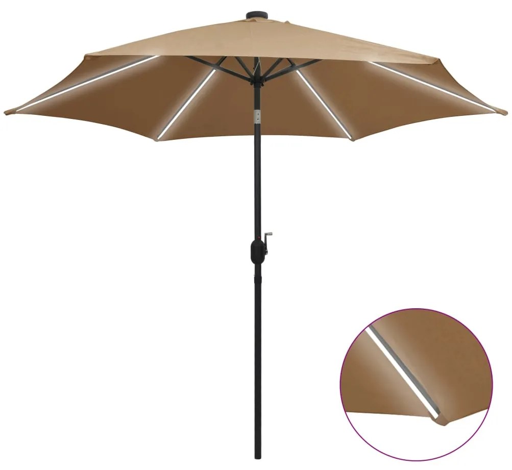 vidaXL Umbrelă de soare cu LED-uri, stâlp din aluminiu, taupe, 300 cm