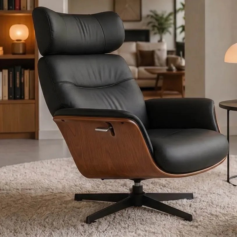 Fotoliu pivotant, functie relax, piele sintetica si furnir de nuc VOGUE