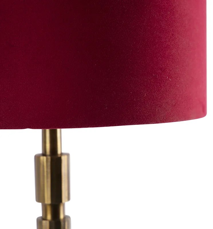 Lampă de masă Art Deco din bronz 35 cm cu abajur din catifea roșie - Torre