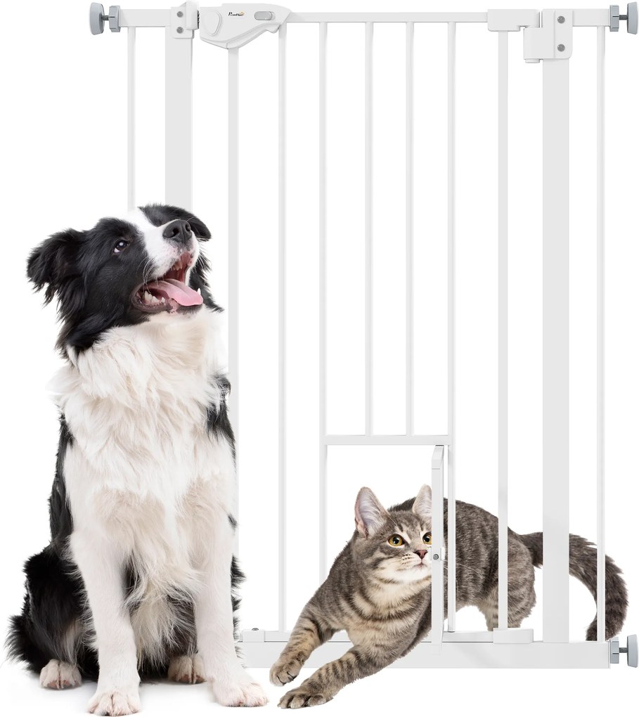 PawHut Poartă Reglabilă pentru Câini cu Ușă Mică și Montaj prin Presiune, 74-80x91.4 cm, Alb | Aosom Romania